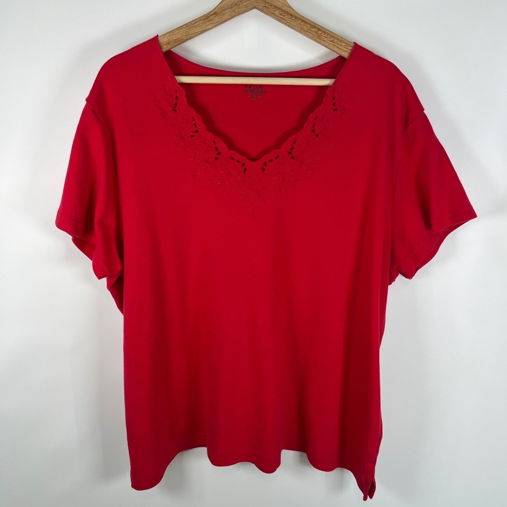 Falls Creek Womens Red Eyelet Embroidered Scallop V-Neck Cotton Top 3X